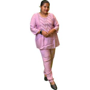 Women's Peach Tussar Comfort Fit Co-ord Set with Special Front Stitch Work
