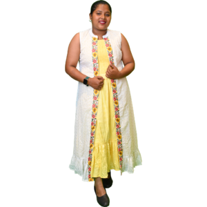 Women’s Cotton One-Piece Dress With Scarf – Yellow And White