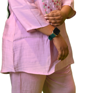 Women’s Peach Tussar Comfort Fit Co-ord Set with Special Front Stitch Work