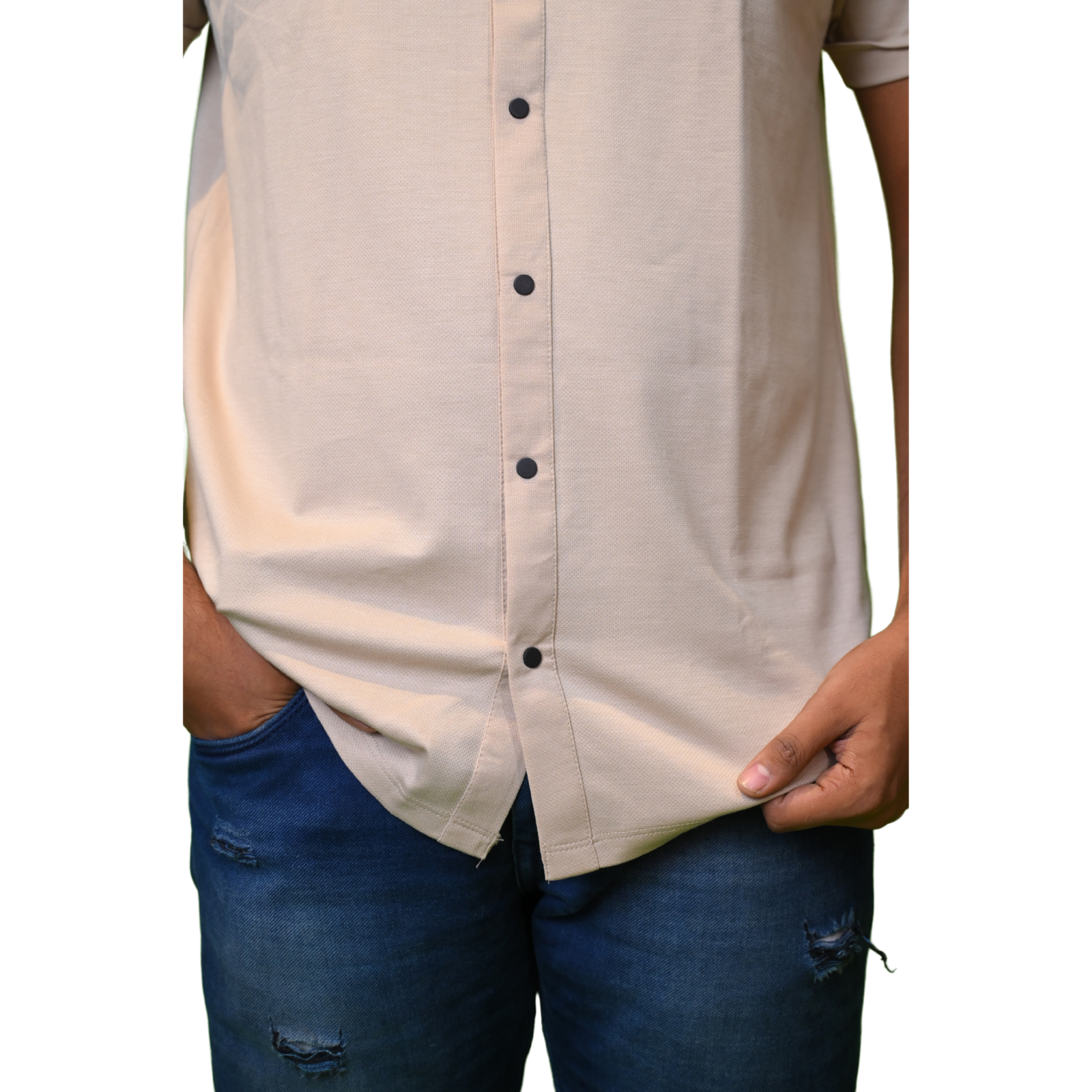 Men T-Shirts with Cotton Fabric Cream Color Shirts Pattern and Chinses Collar - Image 5