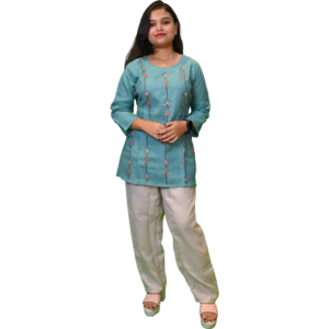 Women’s Linen Cotton Co-Ord Set – Sea Green Top & Cream Bottom