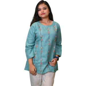 Women’s Linen Cotton Co-Ord Set – Sea Green Top & Cream Bottom
