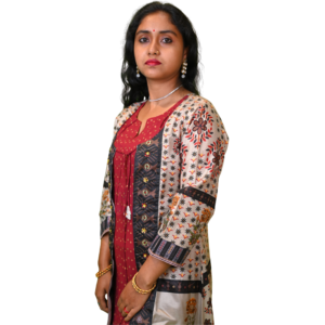 Women’s Tussar Silk Printed Dress with Shrug Long Dress – Round Cut