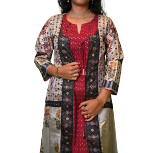 Women’s Tussar Silk Printed Dress with Shrug Long Dress – Round Cut