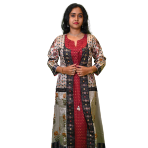 Women’s Tussar Silk Printed Dress with Shrug Long Dress – Round Cut