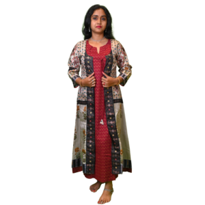 Women’s Tussar Silk Printed Dress with Shrug Long Dress – Round Cut
