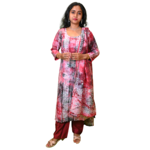 Women’s Cotton Linen Printed 3-Piece Indian Ethnic Wear Set – Pink & Blue