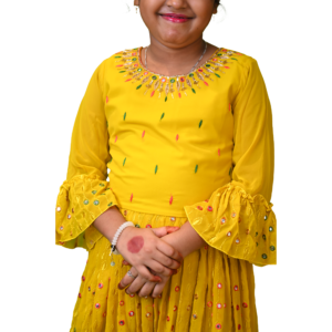 Girls Party Wear Gown with Tiered Flared Sleeves and Mirror Work