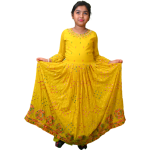 Girls Party Wear Gown with Tiered Flared Sleeves and Mirror Work