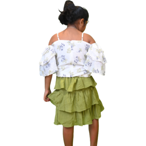 Girls Cold Shoulder Printed Top and Solid Colour Skirt Set