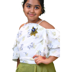Girls Cold Shoulder Printed Top and Solid Colour Skirt Set