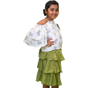 Girls Cold Shoulder Printed Top and Solid Colour Skirt Set
