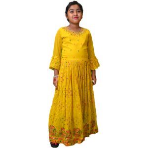 Girls Party Wear Gown with Tiered Flared Sleeves and Mirror Work