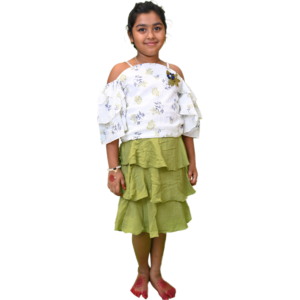 Girls Cold Shoulder Printed Top and Solid Colour Skirt Set