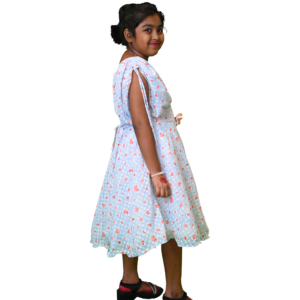 Girls Party Wear Frock in Floral Lycra Chiffon with Waist Ribbon