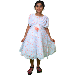 Girls Party Wear Frock in Floral Lycra Chiffon with Waist Ribbon